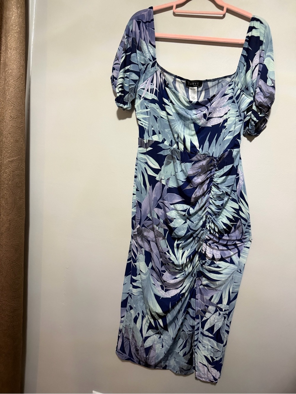 Navy Tropical Ruched Midi Dress with Puff Sleeves